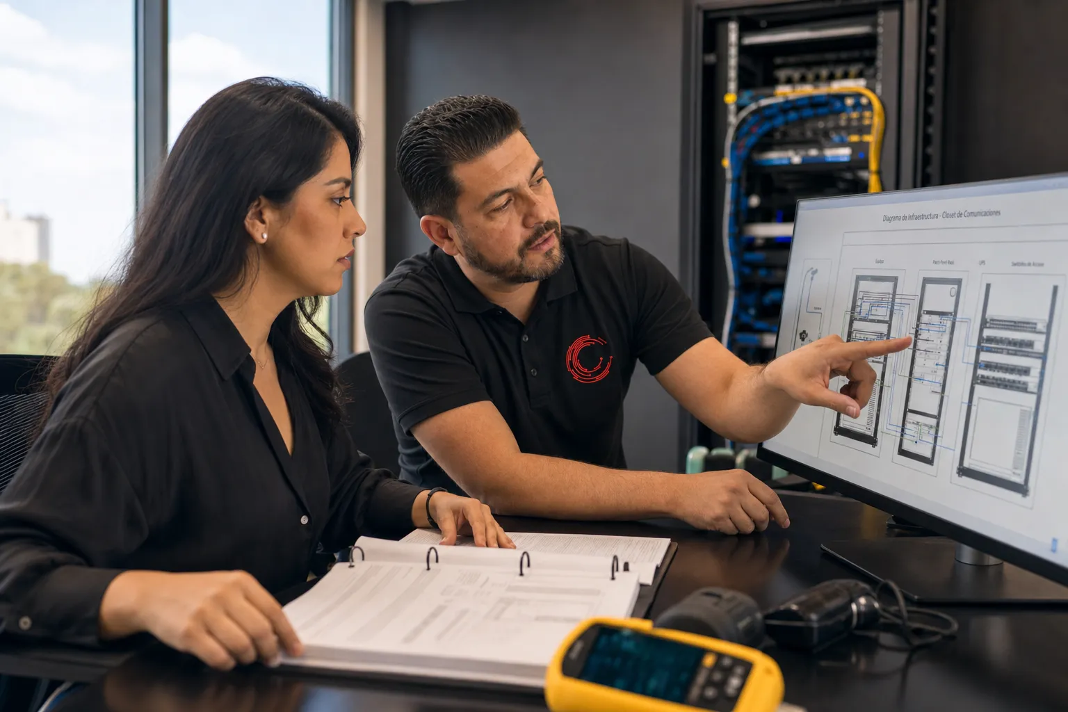 Profesionales de tecnología revisando un diagrama de infraestructura de red en oficina