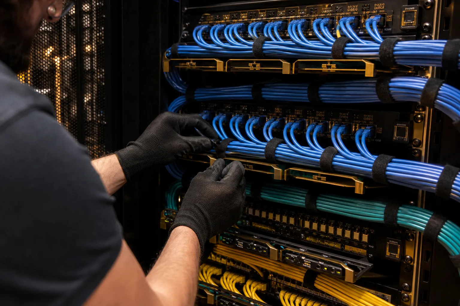 Técnico organizando cableado estructurado en un rack de comunicaciones
